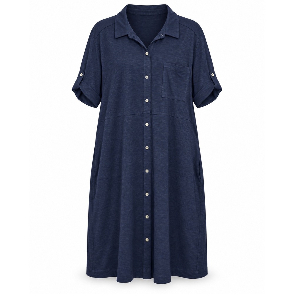 J. Jill Shirt Dress 4X Navy Blue Slub Knit Short Sleeve Button Front Pockets NWT